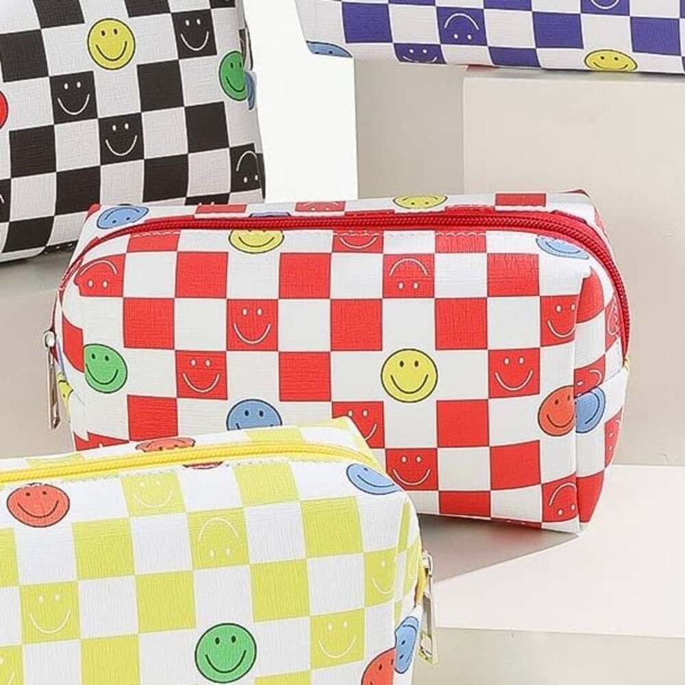 Red and White Checkered Smiley Face Cosmetic Pouch